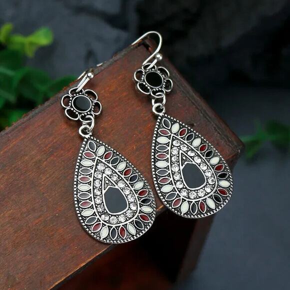 Black Retro Color Block Alloy Turquoise Hook Geometric Drop Earrings Boho Chic - Picture 1 of 7